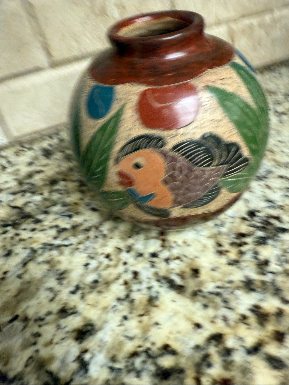 Hand-Painted Fish Motif Ceramic Vase in Brown and Multicolor